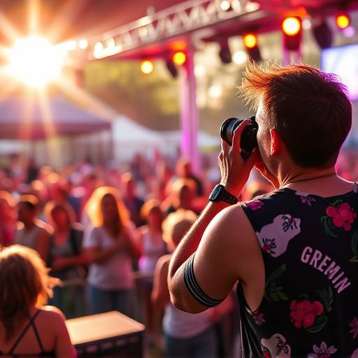 A photographer capturing a live music performance at an outdoor summer festival.