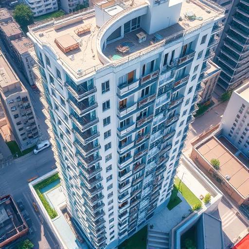 Aerial shot of a modern apartment building showcasing urban living and architecture.