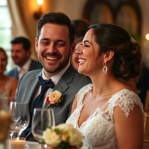Candid shot of a bride and groom laughing during their wedding reception.