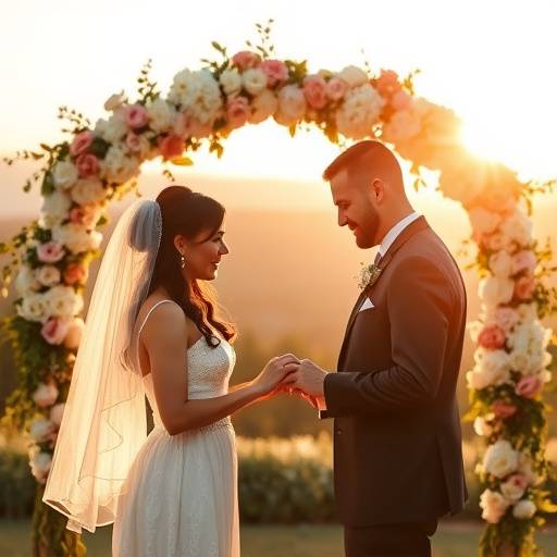 Outdoor wedding photo featuring the bride and groom exchanging rings under a floral arch.