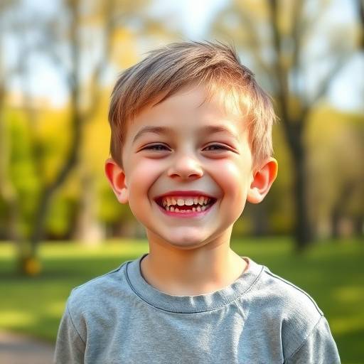 Portrait of a young boy smiling joyfully in a park, captured with natural light.