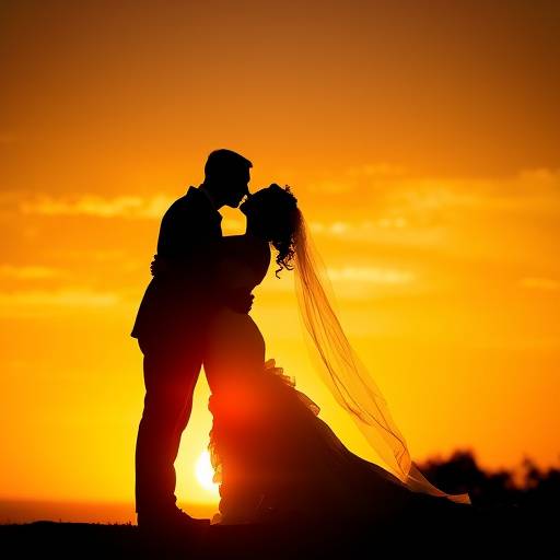 Romantic sunset wedding photo with the bride and groom silhouetted against the horizon.